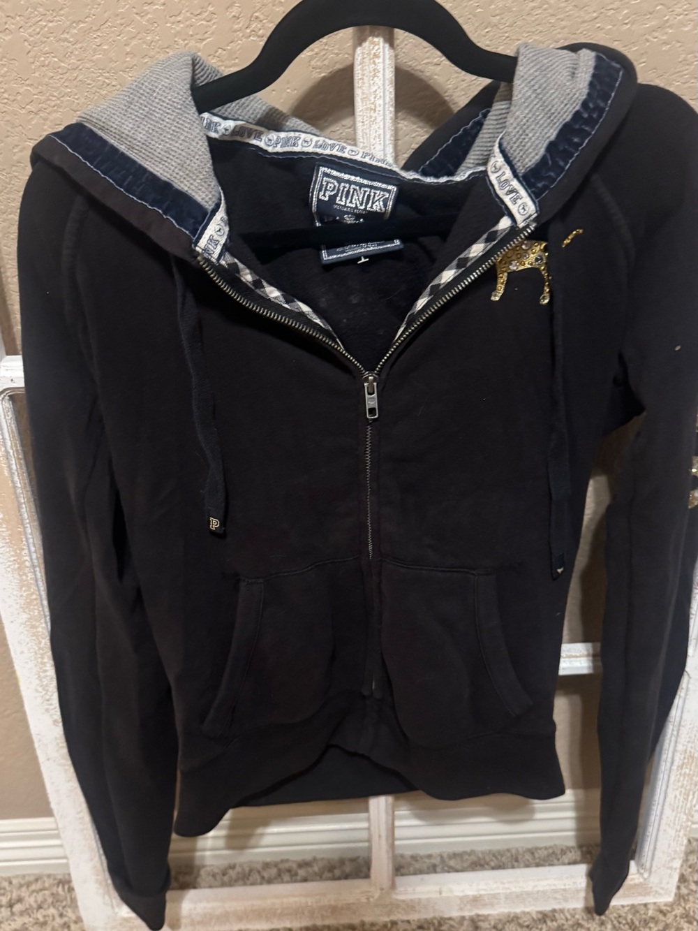 PINK Victoria's Secret Blinged Out Black Zip Front Hoodie; Sz M [MSRP $80] BOGO*
